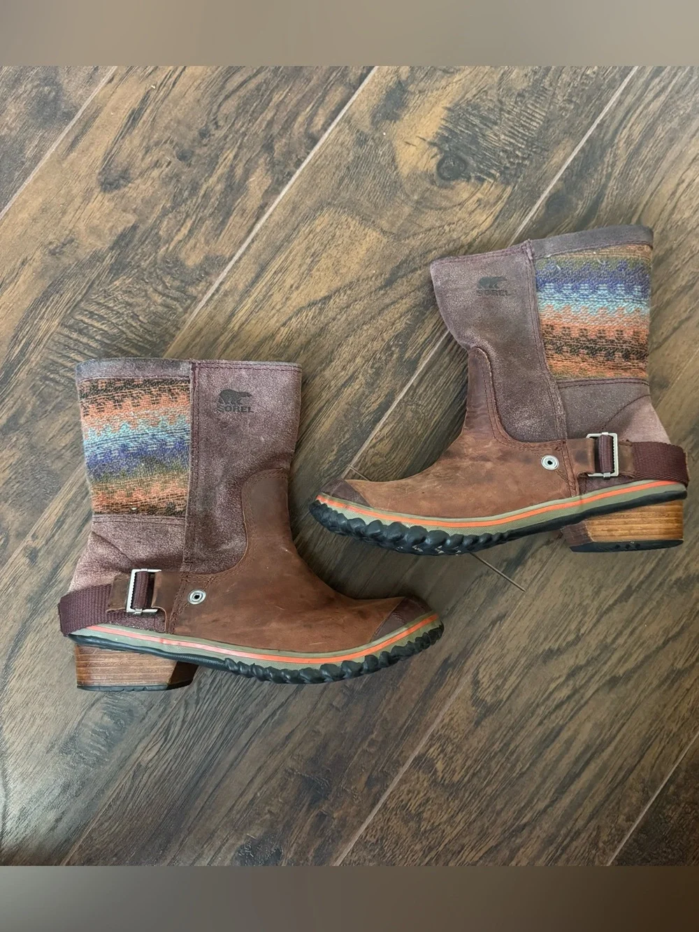 SOREL Slimshortie Madder Blanket Brown Leather Nubuck Boots Size 6